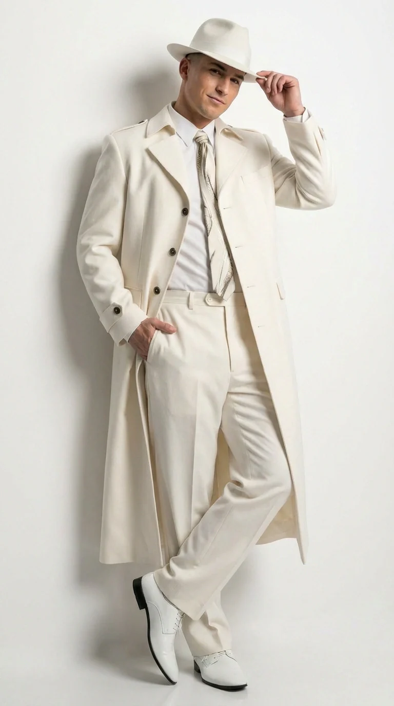 Men’s Ivory Cream Off White  Full Length Zoot Suit – Vintage Gangster Style Long Coat Formal Suit - Image 6