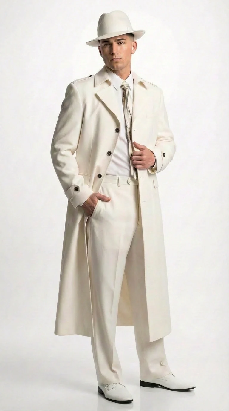 Men’s Ivory Cream Off White  Full Length Zoot Suit – Vintage Gangster Style Long Coat Formal Suit - Image 8