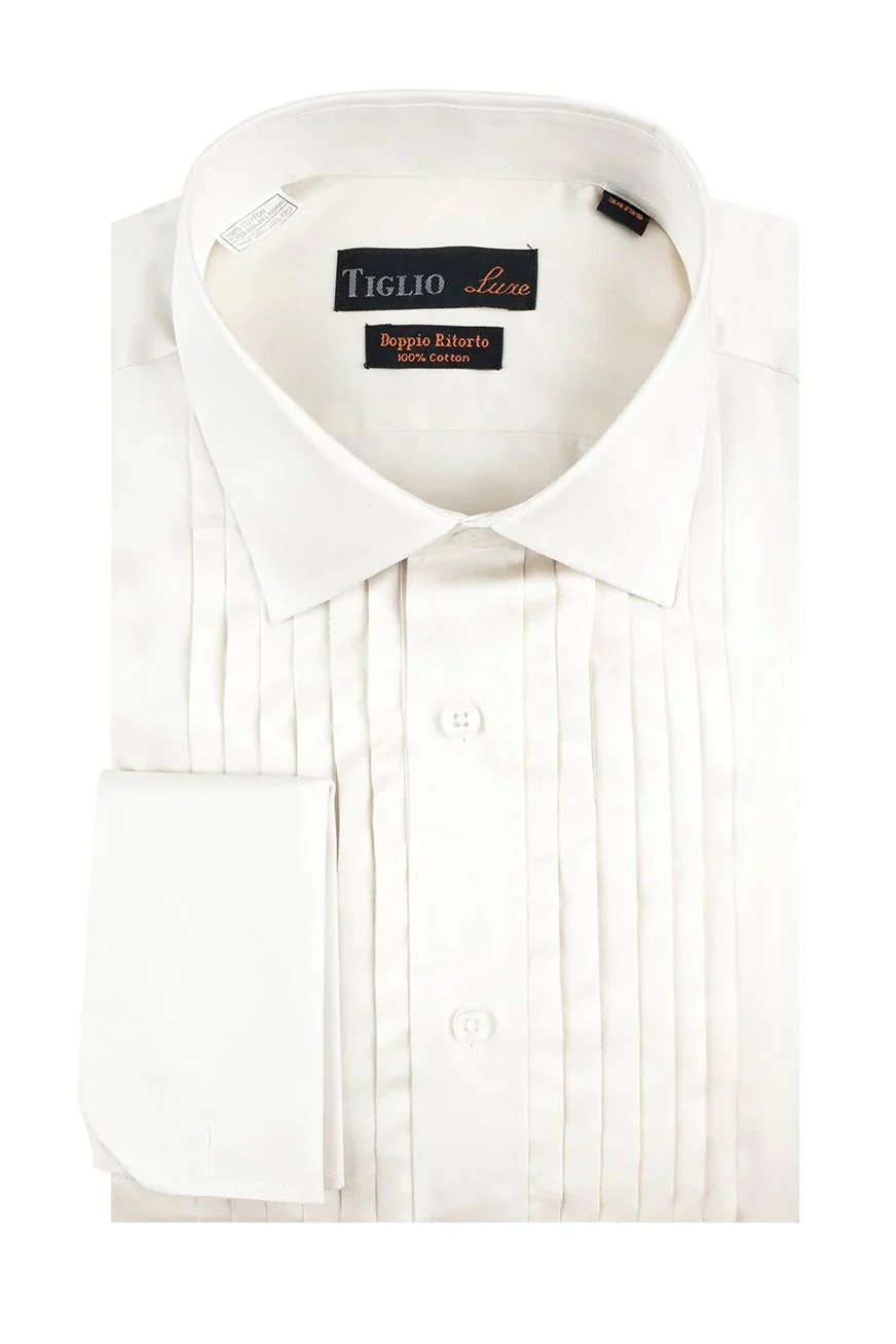 Men’s Ivory Cream Off White  Pleated Tuxedo Dress Shirt | French Cuff Formal Wedding Shirt - Image 10