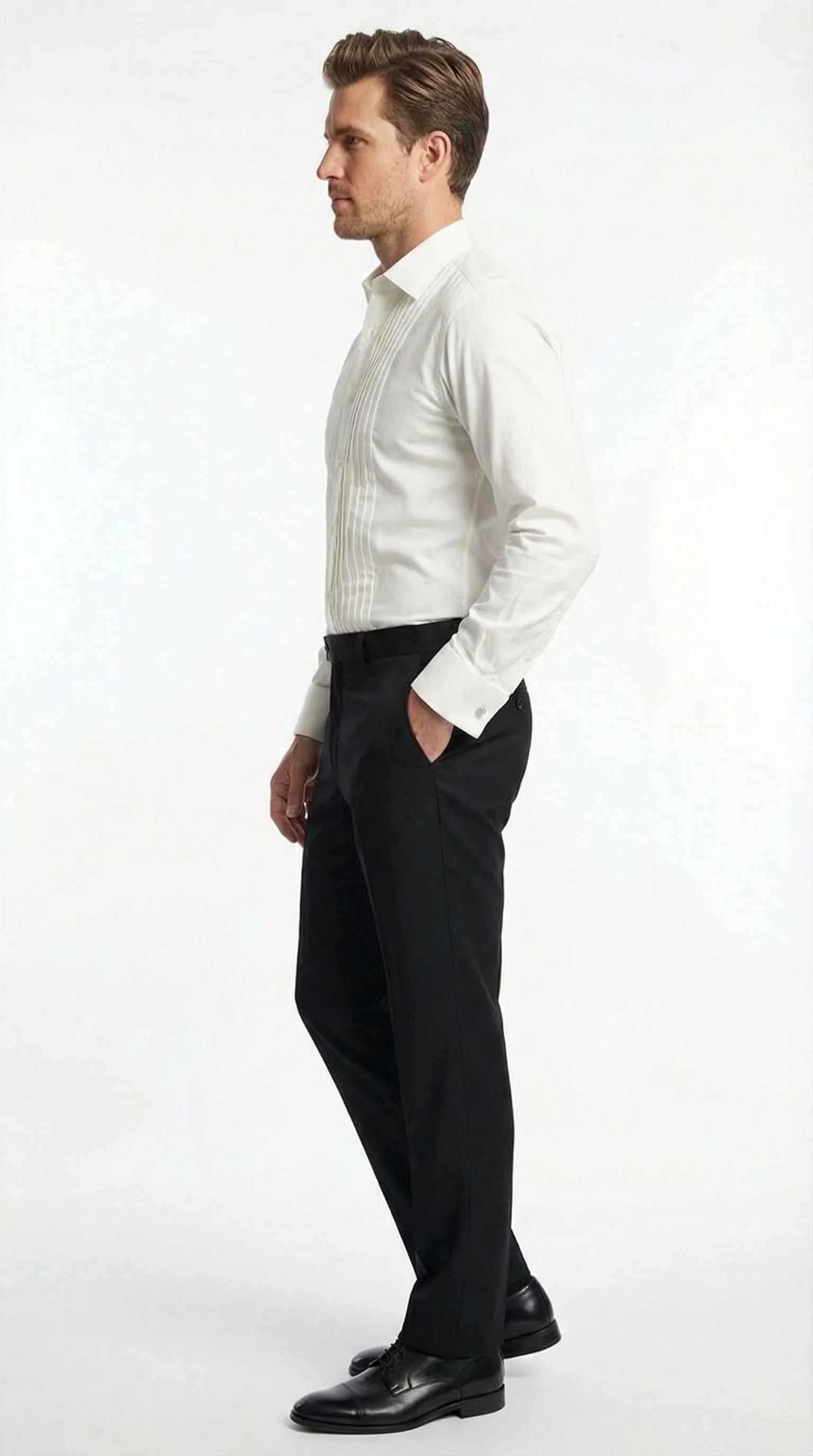 Men’s Ivory Cream Off White  Pleated Tuxedo Dress Shirt | French Cuff Formal Wedding Shirt - Image 3