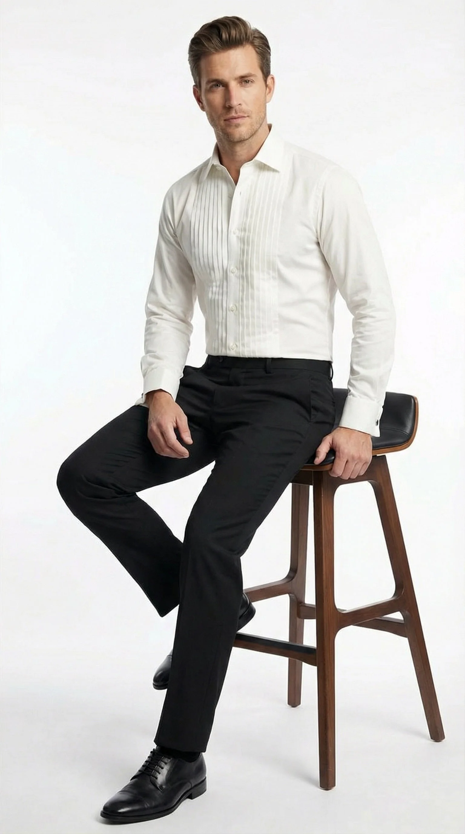 Men’s Ivory Cream Off White  Pleated Tuxedo Dress Shirt | French Cuff Formal Wedding Shirt - Image 4