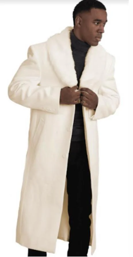 Men’s Ivory - Cream - Off White Full-Length Overcoat with Luxurious Faux Fur Shawl Collar – Winter Dress Coat - Image 3