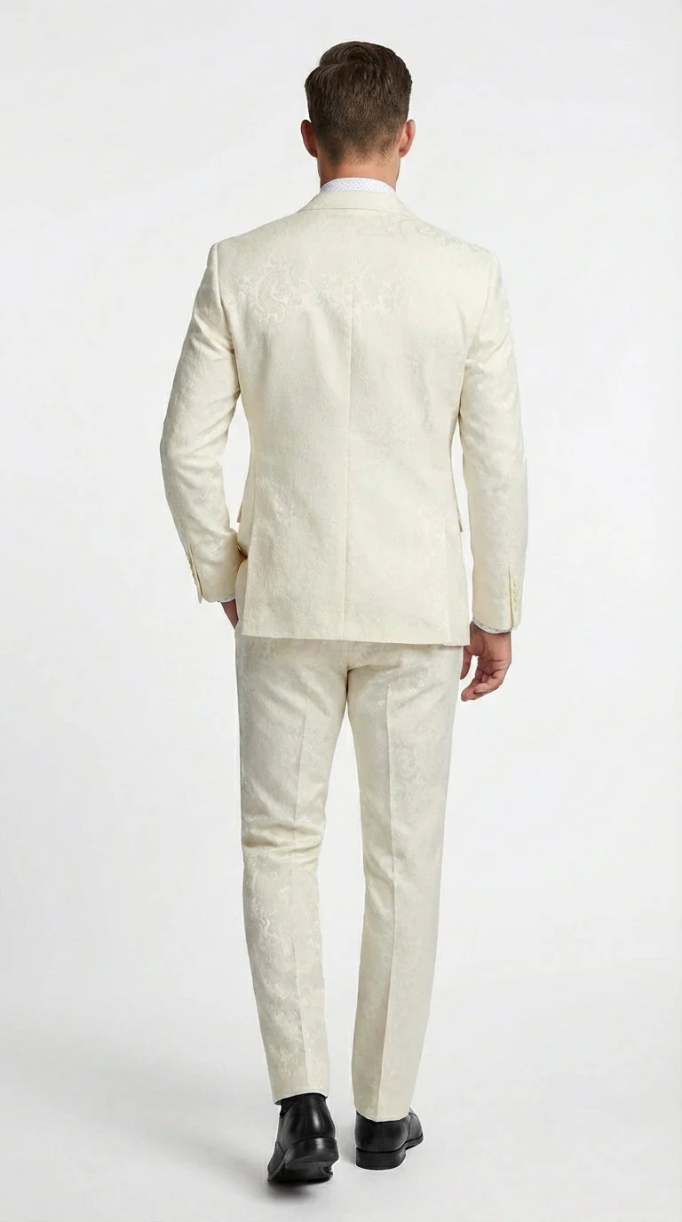 Men’s Ivory Paisley Shiny Suit – Flroal Formal Wedding and Prom Suit for Party, in Cream Off White - Image 2