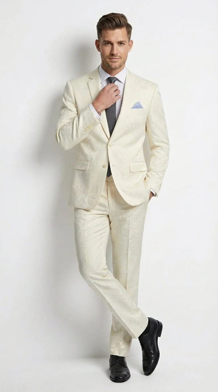 Men’s Ivory Paisley Shiny Suit – Flroal Formal Wedding and Prom Suit for Party, in Cream Off White - Image 4