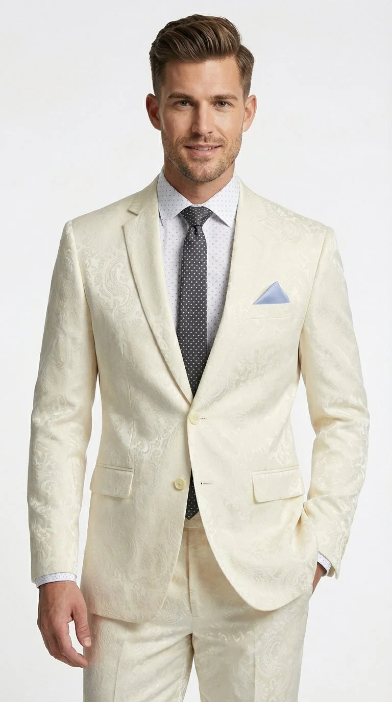 Men’s Ivory Paisley Shiny Suit – Flroal Formal Wedding and Prom Suit for Party, in Cream Off White - Image 5