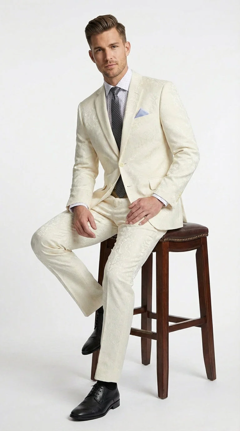 Men’s Ivory Paisley Shiny Suit – Flroal Formal Wedding and Prom Suit for Party, in Cream Off White - Image 6