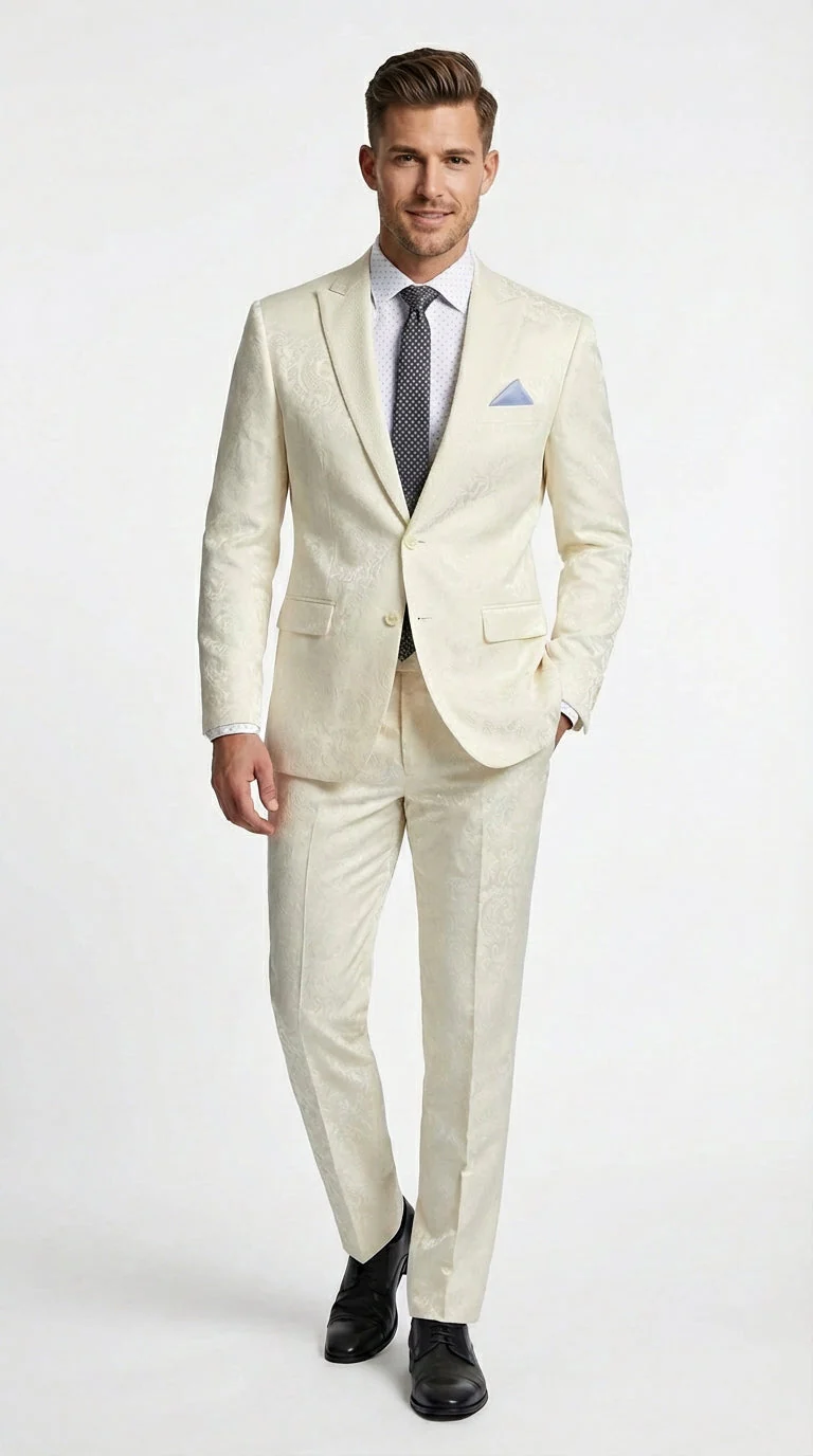 Men’s Ivory Paisley Shiny Suit – Flroal Formal Wedding and Prom Suit for Party, in Cream Off White - Image 9