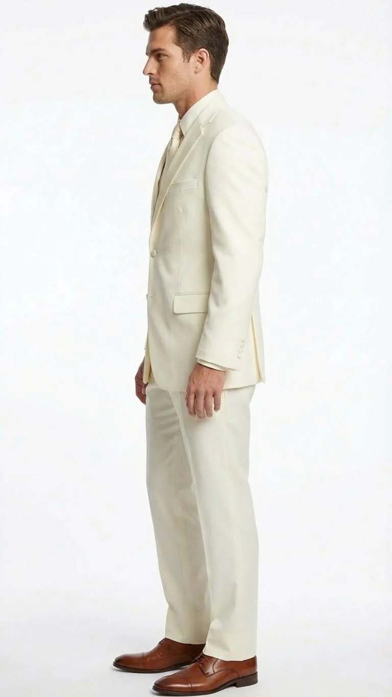 Men’s Ivory Tuxedo Suit with Satin Notch Lapel – Formal Wedding and Evening Wear Suit in Cream Off White Color - Image 3