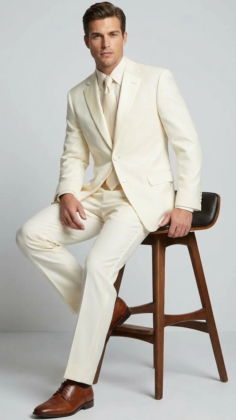 Men’s Ivory Tuxedo Suit with Satin Notch Lapel – Formal Wedding and Evening Wear Suit in Cream Off White Color - Image 4