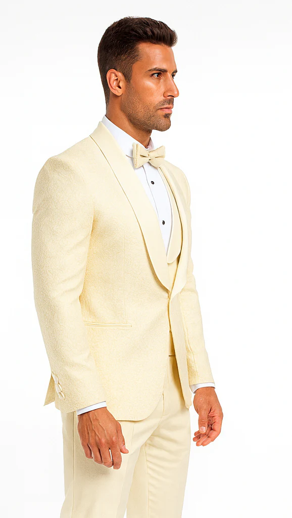 Men’s Ivory Vested Tuxedo – Stylish Floral Lace Designer Wedding Suit - Image 3