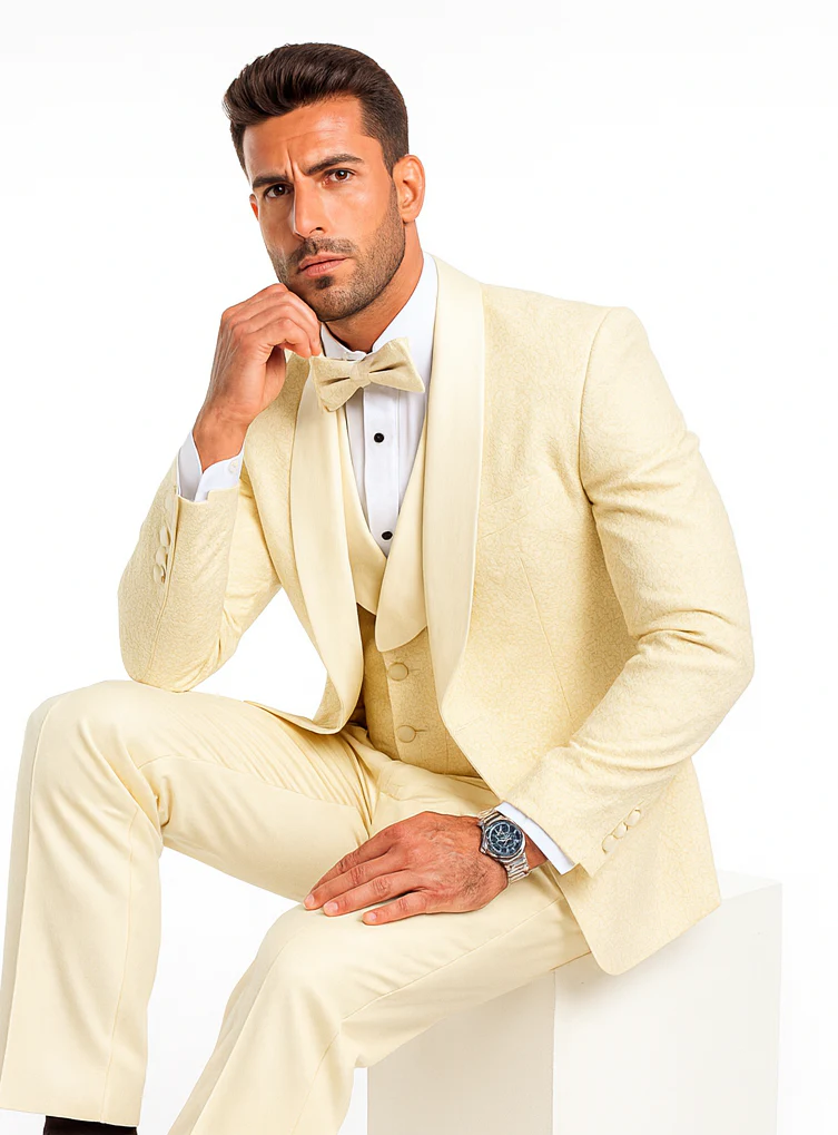Men’s Ivory Vested Tuxedo – Stylish Floral Lace Designer Wedding Suit - Image 4
