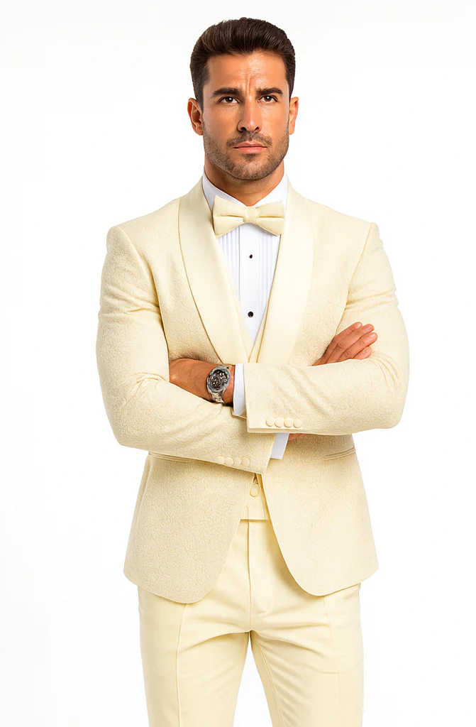 Men’s Ivory Vested Tuxedo – Stylish Floral Lace Designer Wedding Suit - Image 6