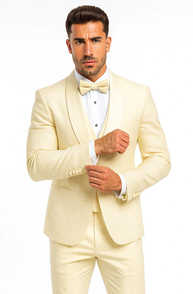 Men’s Ivory Vested Tuxedo – Stylish Floral Lace Designer Wedding Suit - Image 8