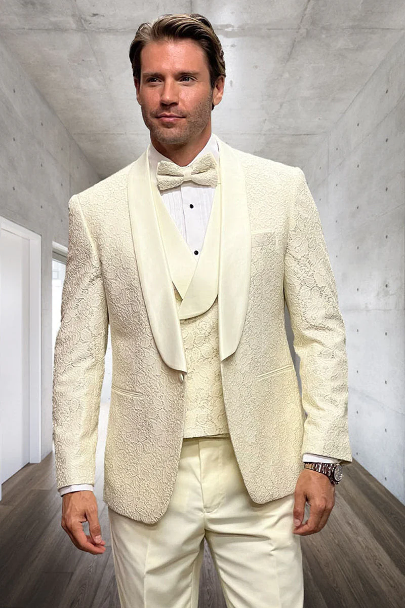 Men’s Ivory Vested Tuxedo – Stylish Floral Lace Designer Wedding Suit - Image 9