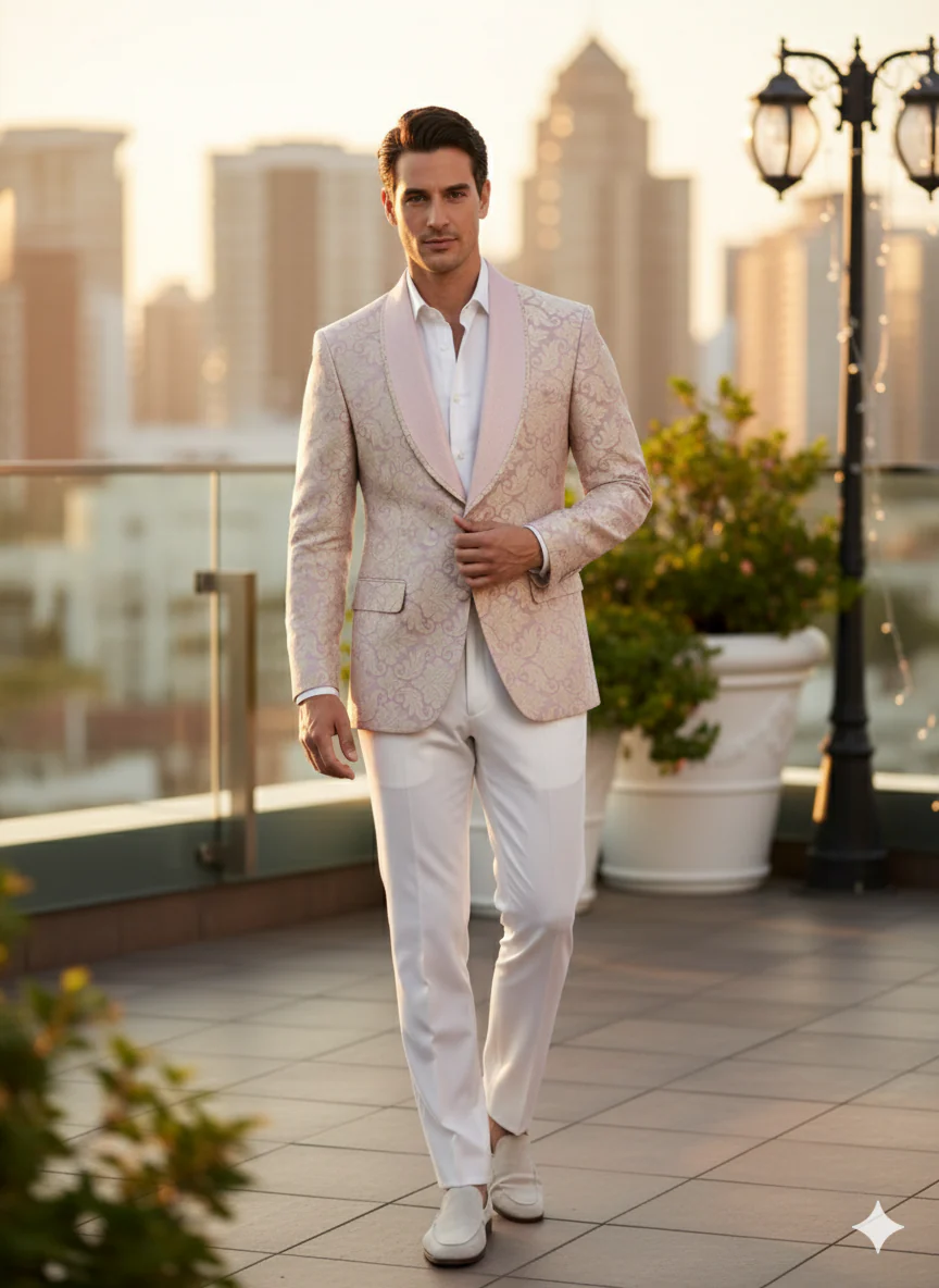 Men’s Lavender and Gold Tuxedo Embroidered Lilac Mauve Blazer – Designer Floral Pattern Wedding & Party Jacket - Image 2