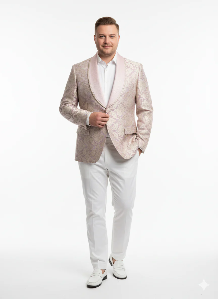 Men’s Lavender and Gold Tuxedo Embroidered Lilac Mauve Blazer – Designer Floral Pattern Wedding & Party Jacket - Image 6