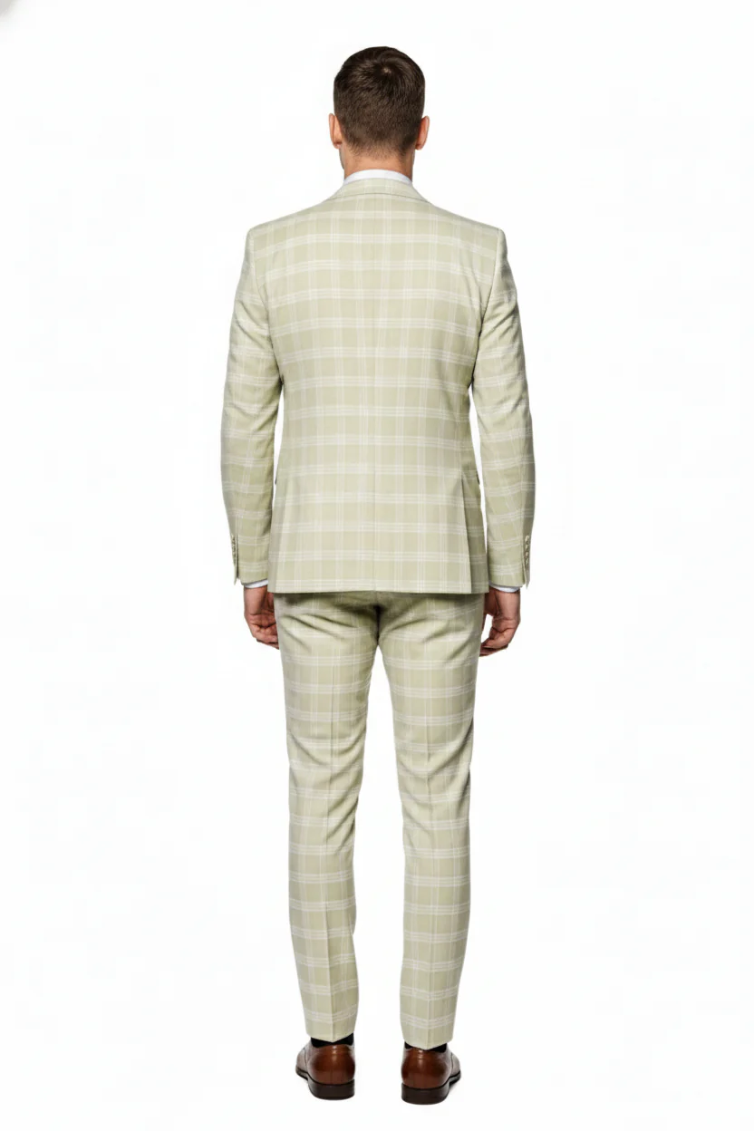 Men’s Light Beige Check 3-Piece Suit Set – Premium Tailored Fit Formal Wedding and Spring Event Suit Light Tan Sand Color By Rossiman - Image 6