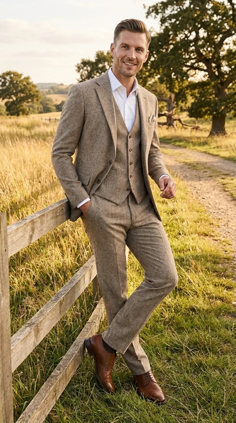 Men’s Light Beige Herringbone Tweed Suit with Vest – Classic Three Piece Formal Suit, Vintage Business Wedding Outfit, Elegant Smart Casual Wear - Image 10