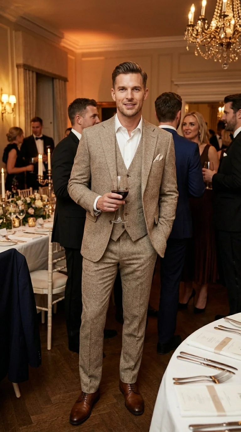 Men’s Light Beige Herringbone Tweed Suit with Vest – Classic Three Piece Formal Suit, Vintage Business Wedding Outfit, Elegant Smart Casual Wear - Image 11
