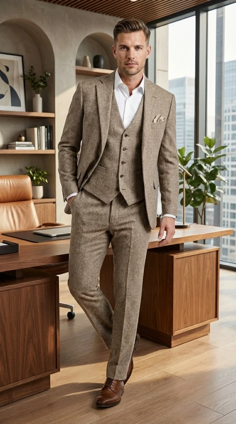 Men’s Light Beige Herringbone Tweed Suit with Vest – Classic Three Piece Formal Suit, Vintage Business Wedding Outfit, Elegant Smart Casual Wear - Image 12