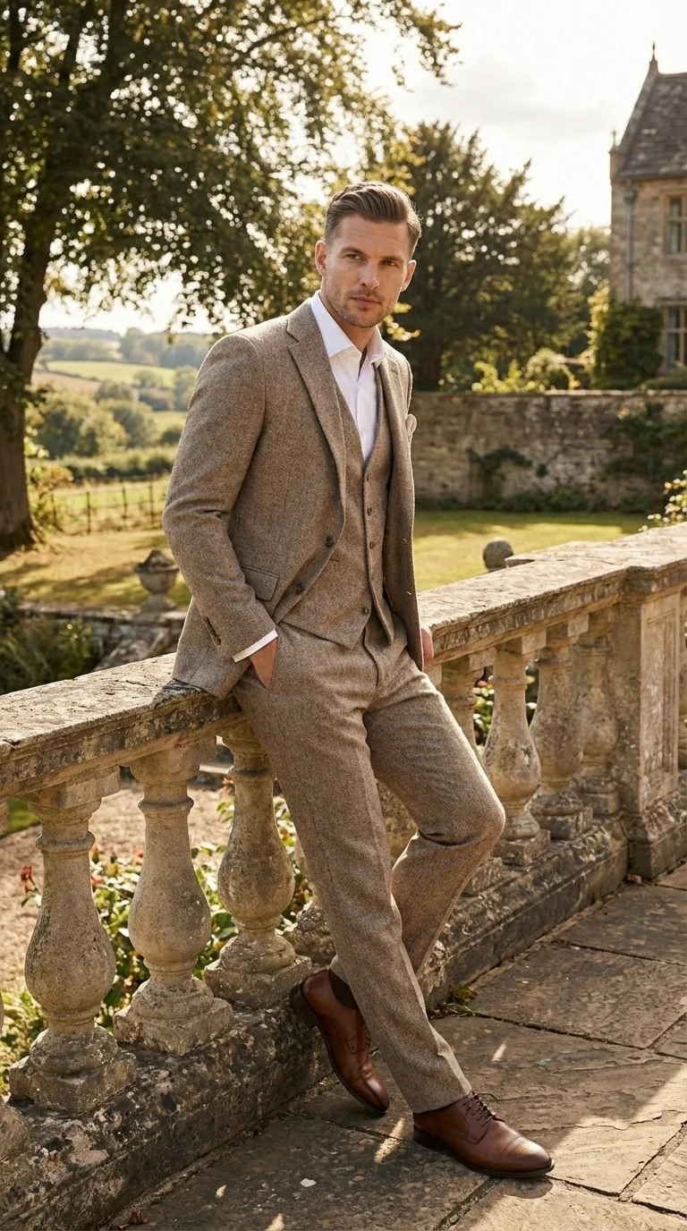 Men’s Light Beige Herringbone Tweed Suit with Vest – Classic Three Piece Formal Suit, Vintage Business Wedding Outfit, Elegant Smart Casual Wear - Image 13