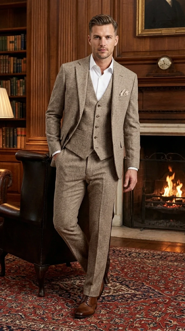 Men’s Light Beige Herringbone Tweed Suit with Vest – Classic Three Piece Formal Suit, Vintage Business Wedding Outfit, Elegant Smart Casual Wear - Image 14