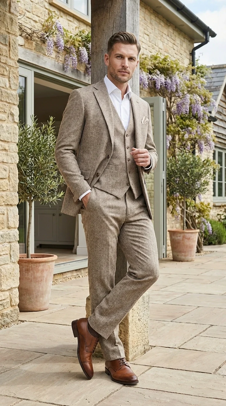 Men’s Light Beige Herringbone Tweed Suit with Vest – Classic Three Piece Formal Suit, Vintage Business Wedding Outfit, Elegant Smart Casual Wear - Image 15