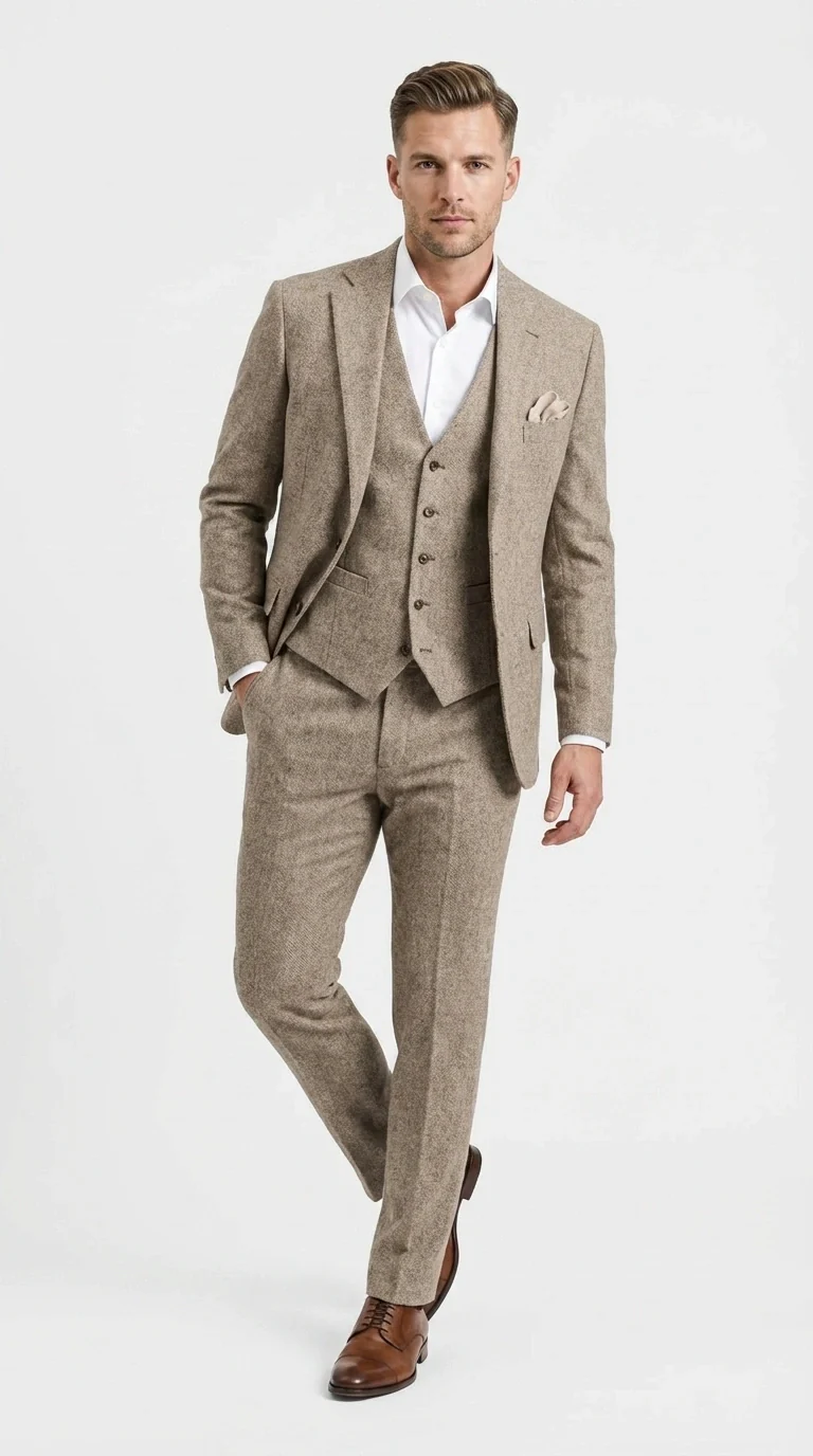 Men’s Light Beige Herringbone Tweed Suit with Vest – Classic Three Piece Formal Suit, Vintage Business Wedding Outfit, Elegant Smart Casual Wear - Image 2