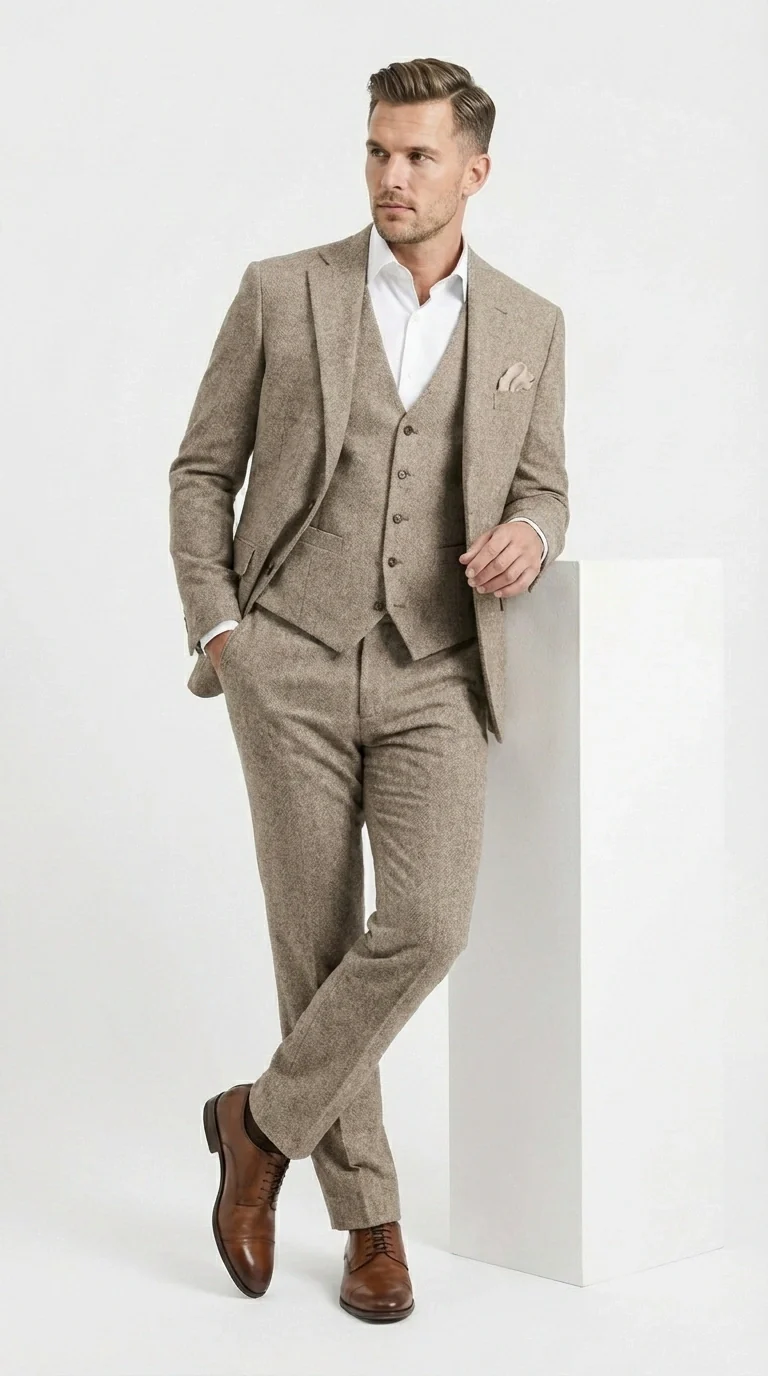 Men’s Light Beige Herringbone Tweed Suit with Vest – Classic Three Piece Formal Suit, Vintage Business Wedding Outfit, Elegant Smart Casual Wear - Image 3