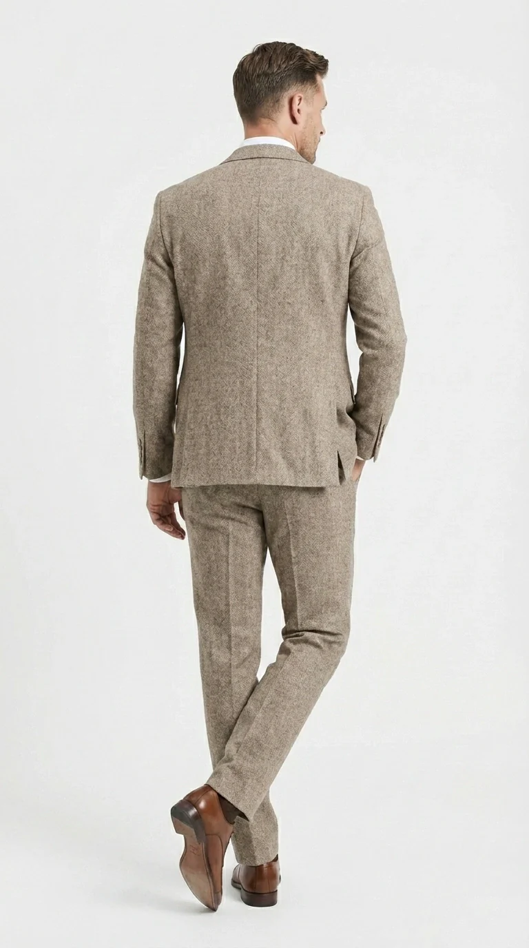 Men’s Light Beige Herringbone Tweed Suit with Vest – Classic Three Piece Formal Suit, Vintage Business Wedding Outfit, Elegant Smart Casual Wear - Image 4