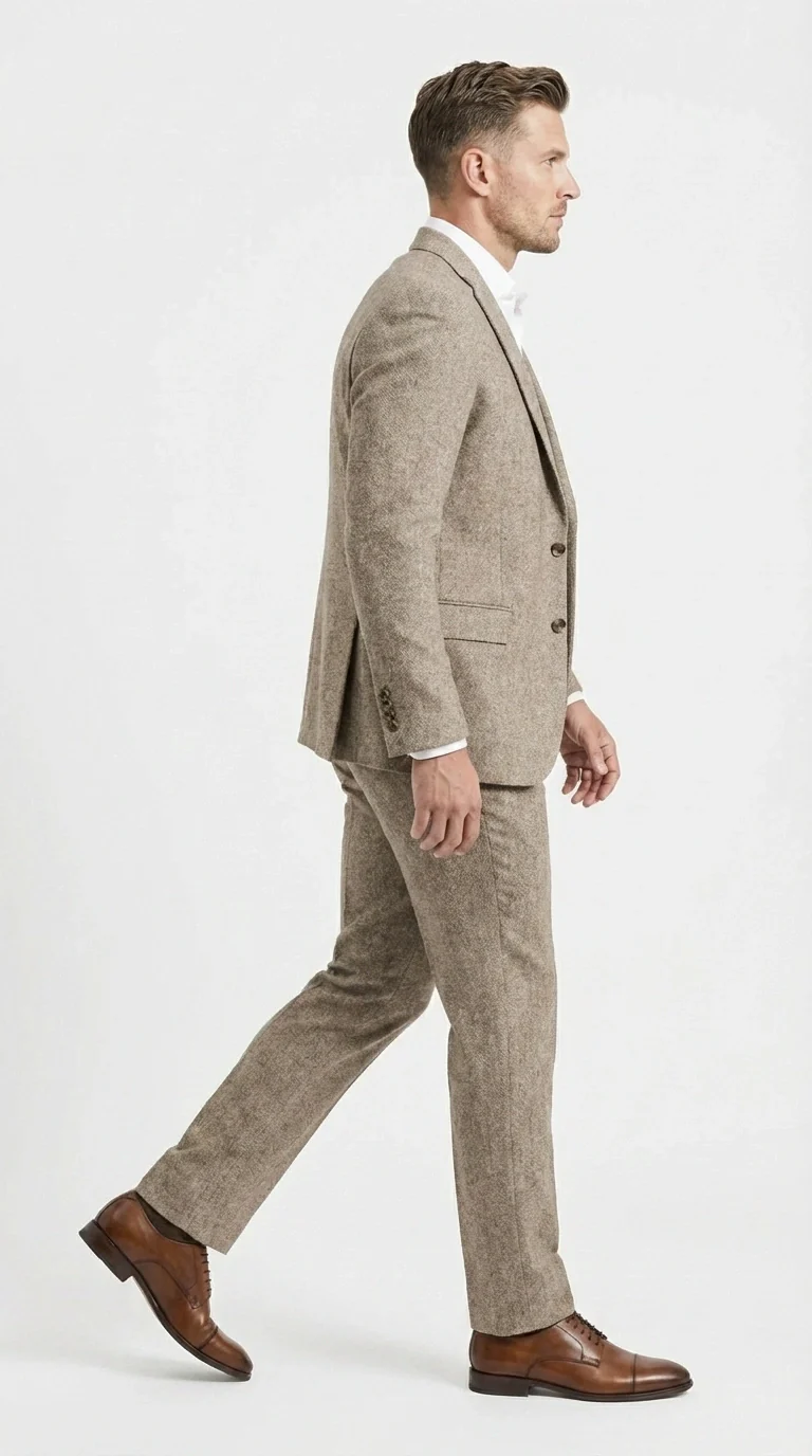 Men’s Light Beige Herringbone Tweed Suit with Vest – Classic Three Piece Formal Suit, Vintage Business Wedding Outfit, Elegant Smart Casual Wear - Image 5