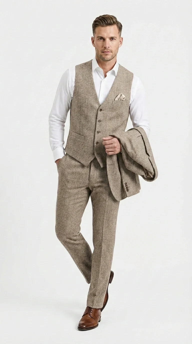 Men’s Light Beige Herringbone Tweed Suit with Vest – Classic Three Piece Formal Suit, Vintage Business Wedding Outfit, Elegant Smart Casual Wear - Image 6
