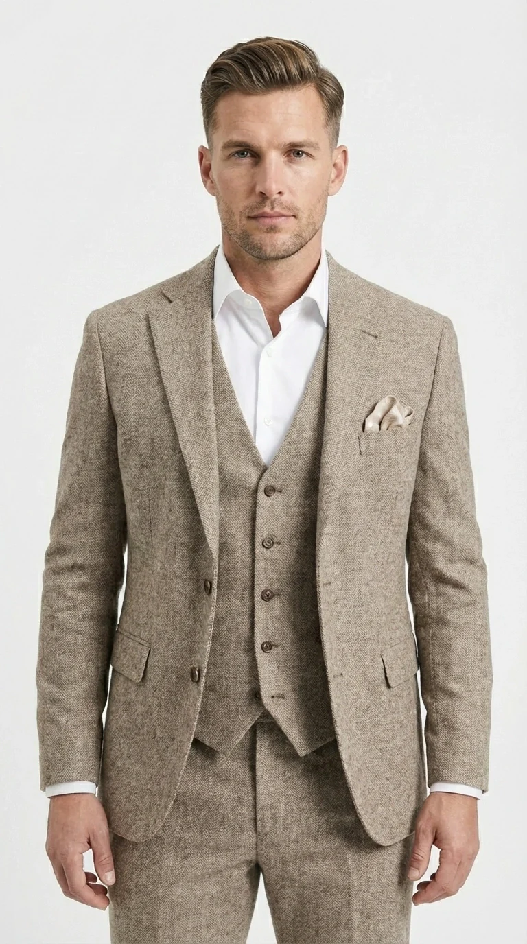 Men’s Light Beige Herringbone Tweed Suit with Vest – Classic Three Piece Formal Suit, Vintage Business Wedding Outfit, Elegant Smart Casual Wear - Image 7