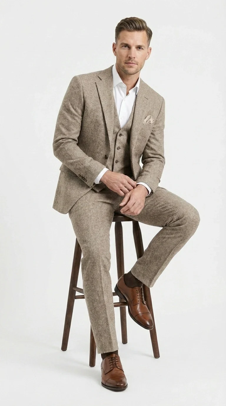 Men’s Light Beige Herringbone Tweed Suit with Vest – Classic Three Piece Formal Suit, Vintage Business Wedding Outfit, Elegant Smart Casual Wear - Image 8