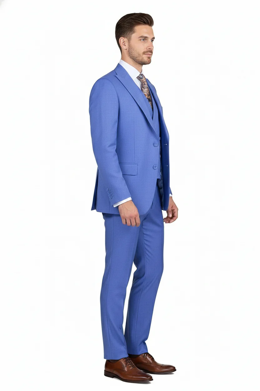 Men’s Light Blue Double-Breasted 3-Piece Suit Set – Tailored Fit Formal Business Suit in Steel Blue Sky Blue Color - Image 3