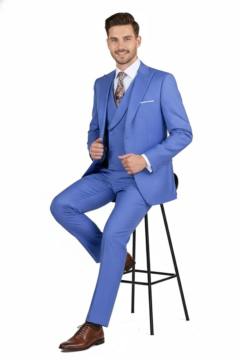 Men’s Light Blue Double-Breasted 3-Piece Suit Set – Tailored Fit Formal Business Suit in Steel Blue Sky Blue Color - Image 4