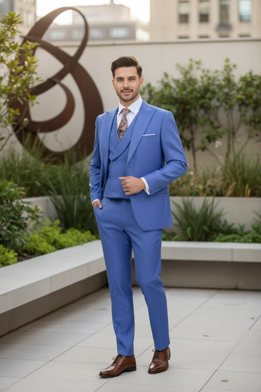 Men’s Light Blue Double-Breasted 3-Piece Suit Set – Tailored Fit Formal Business Suit in Steel Blue Sky Blue Color - Image 5