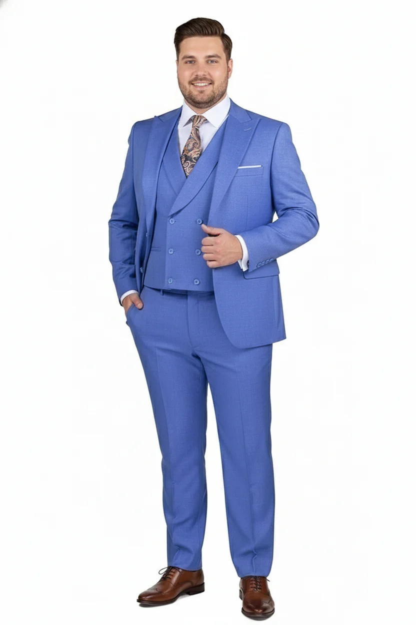 Men’s Light Blue Double-Breasted 3-Piece Suit Set – Tailored Fit Formal Business Suit in Steel Blue Sky Blue Color - Image 7