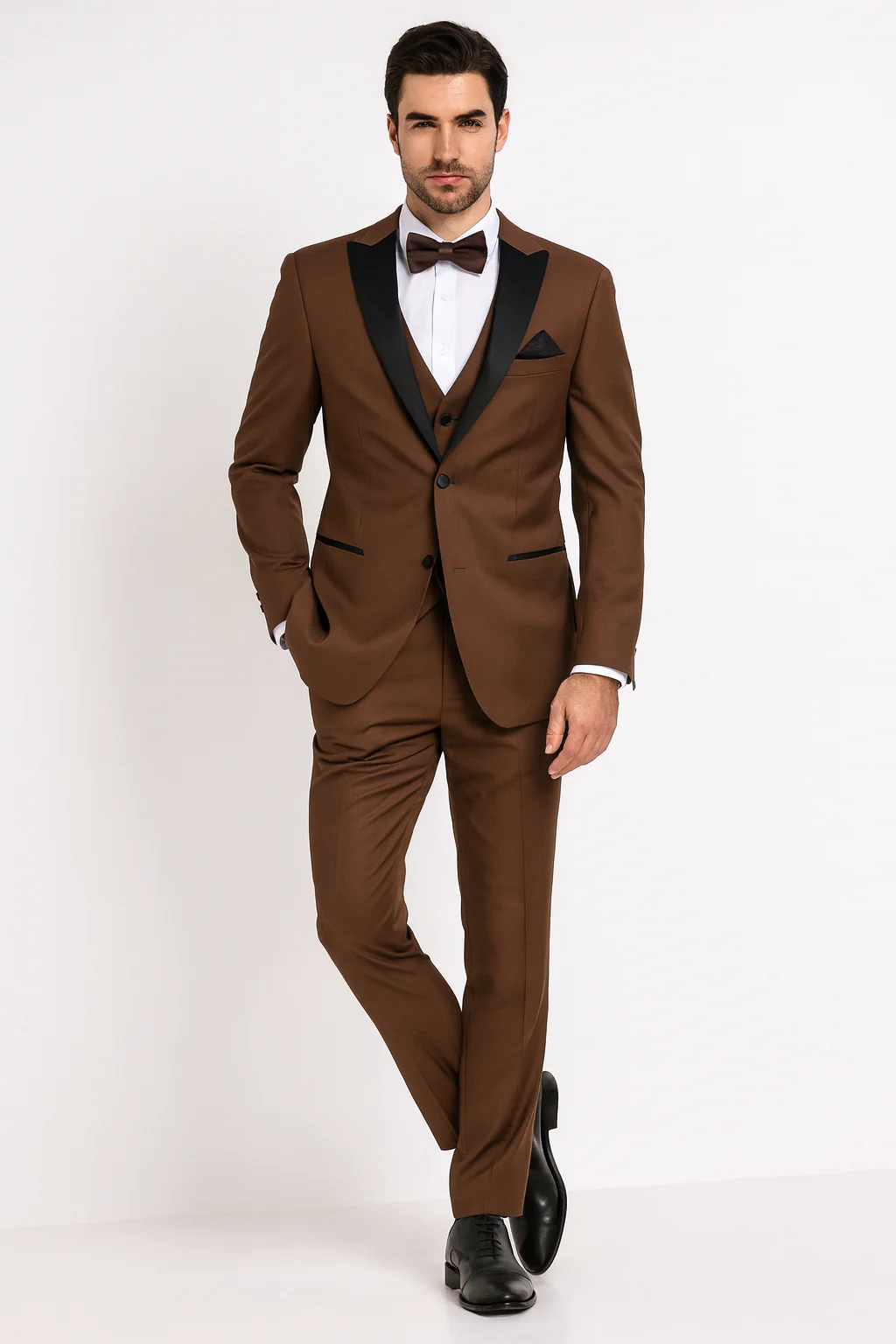 Men’s Light Brown Tuxedo Suit with Black Satin Lapel – 3 Piece Formal Wedding & Prom Outfit - Country Look - Image 2