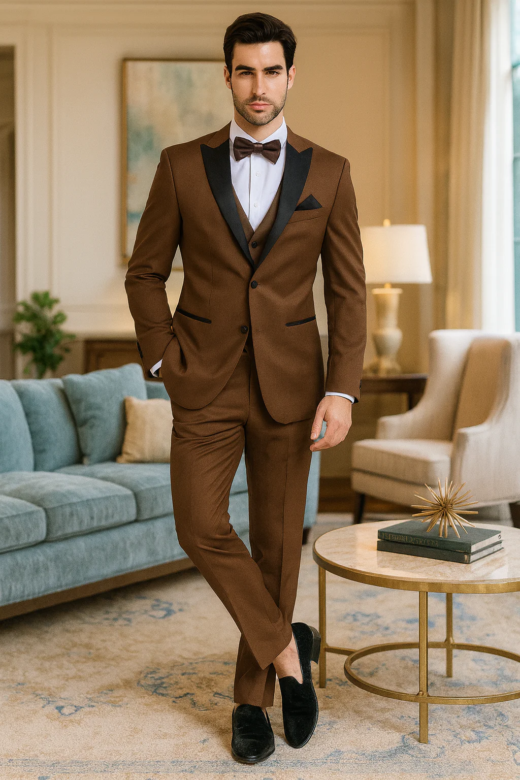 Men’s Light Brown Tuxedo Suit with Black Satin Lapel – 3 Piece Formal Wedding & Prom Outfit - Country Look - Image 3