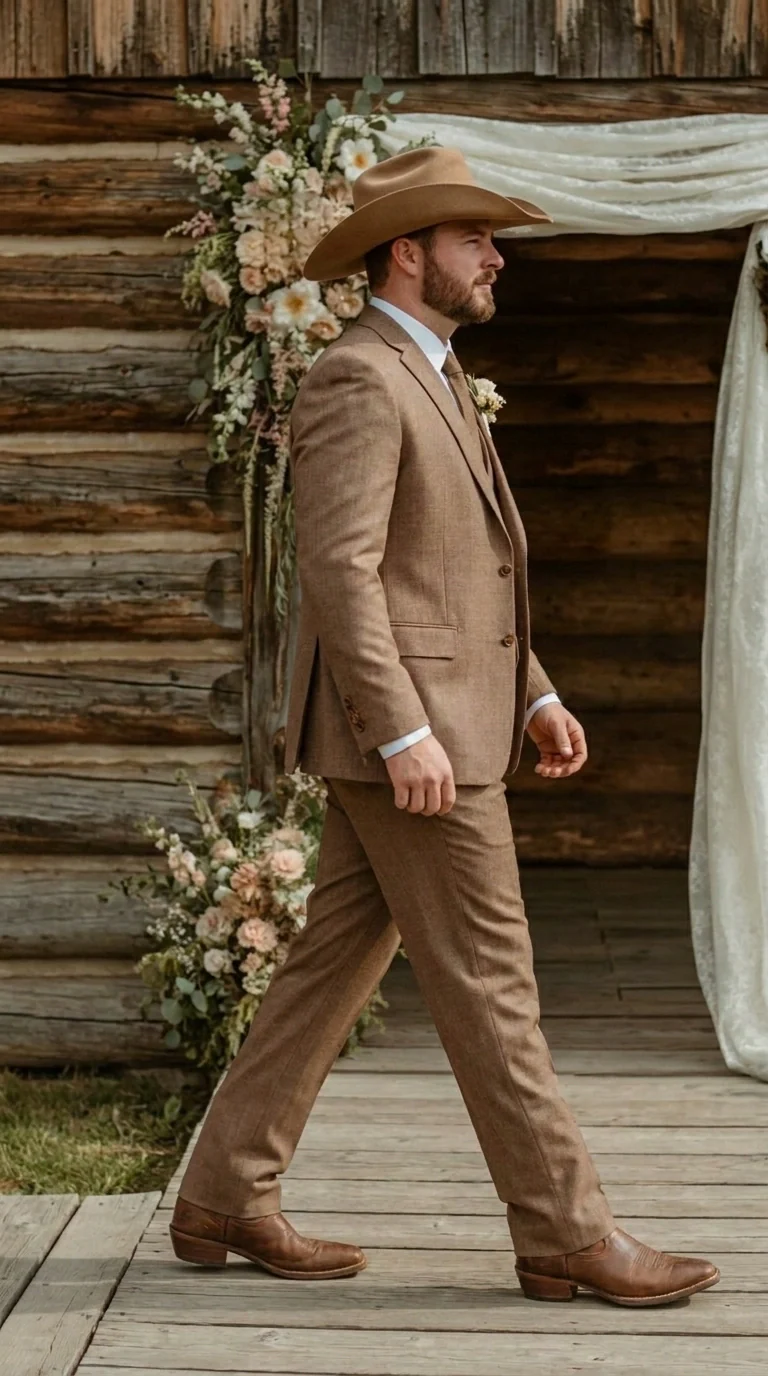 Men’s Light Brown Western 3 Piece Suit – Classic Country Style Blazer Vest Pants Set, Formal Cowboy Suit Toast - Image 3