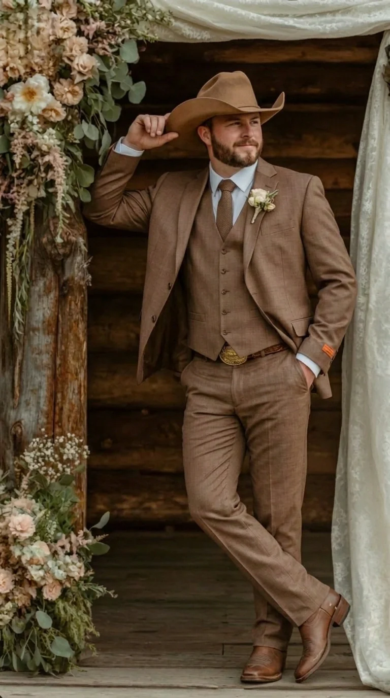 Men’s Light Brown Western 3 Piece Suit – Classic Country Style Blazer Vest Pants Set, Formal Cowboy Suit Toast - Image 4