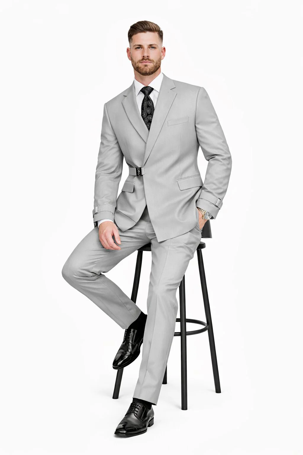 Men’s Light Grey Double Breasted Modern Designer Tailored Fit Wool Suit with Metal Buckle Closure - Image 4