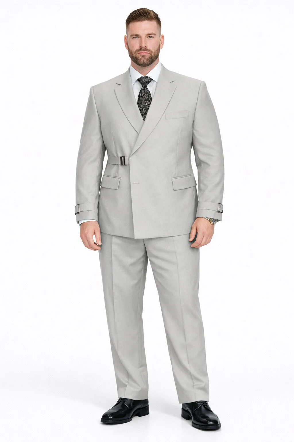 Men’s Light Grey Double Breasted Modern Designer Tailored Fit Wool Suit with Metal Buckle Closure - Image 8
