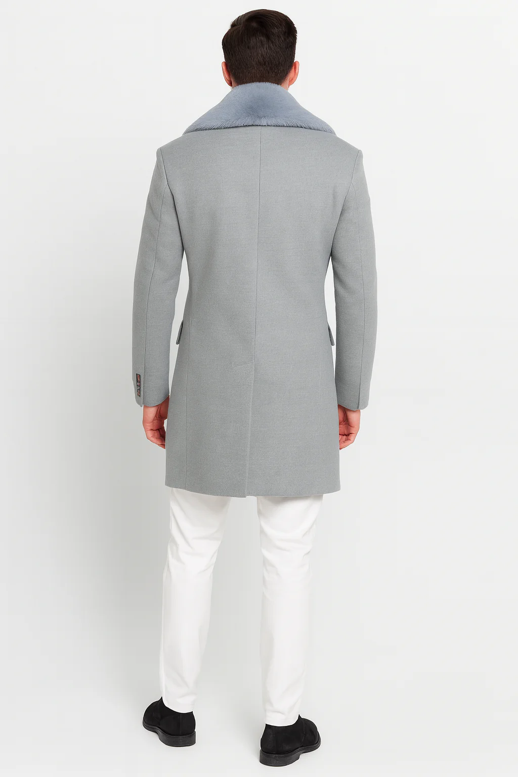 Men’s Light Grey Double Breasted Overcoat with Faux Fur Shawl Collar – Winter Luxury Coat Wool Fabric - Image 2
