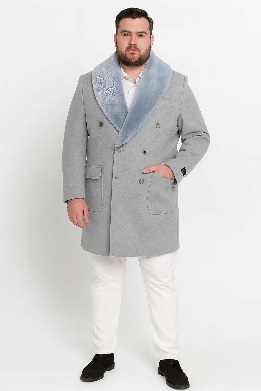 Men’s Light Grey Double Breasted Overcoat with Faux Fur Shawl Collar – Winter Luxury Coat Wool Fabric - Image 3