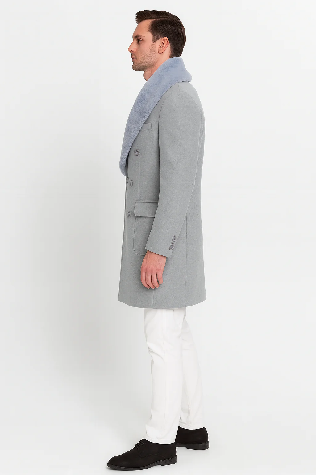 Men’s Light Grey Double Breasted Overcoat with Faux Fur Shawl Collar – Winter Luxury Coat Wool Fabric - Image 4