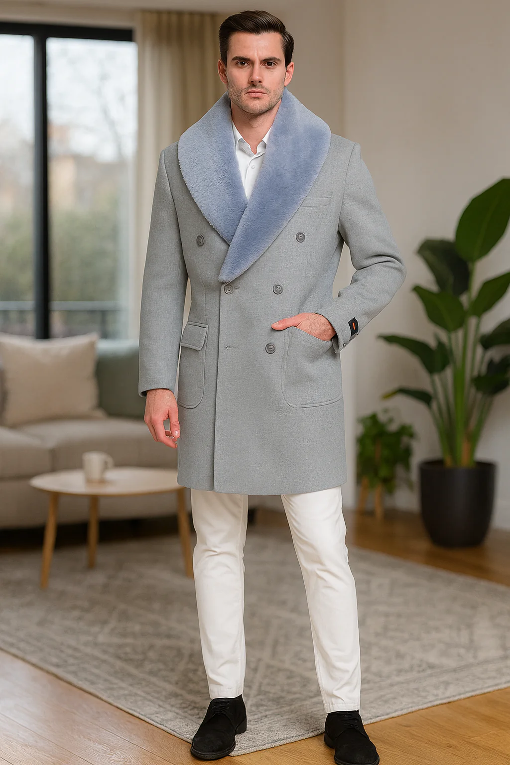 Men’s Light Grey Double Breasted Overcoat with Faux Fur Shawl Collar – Winter Luxury Coat Wool Fabric - Image 5