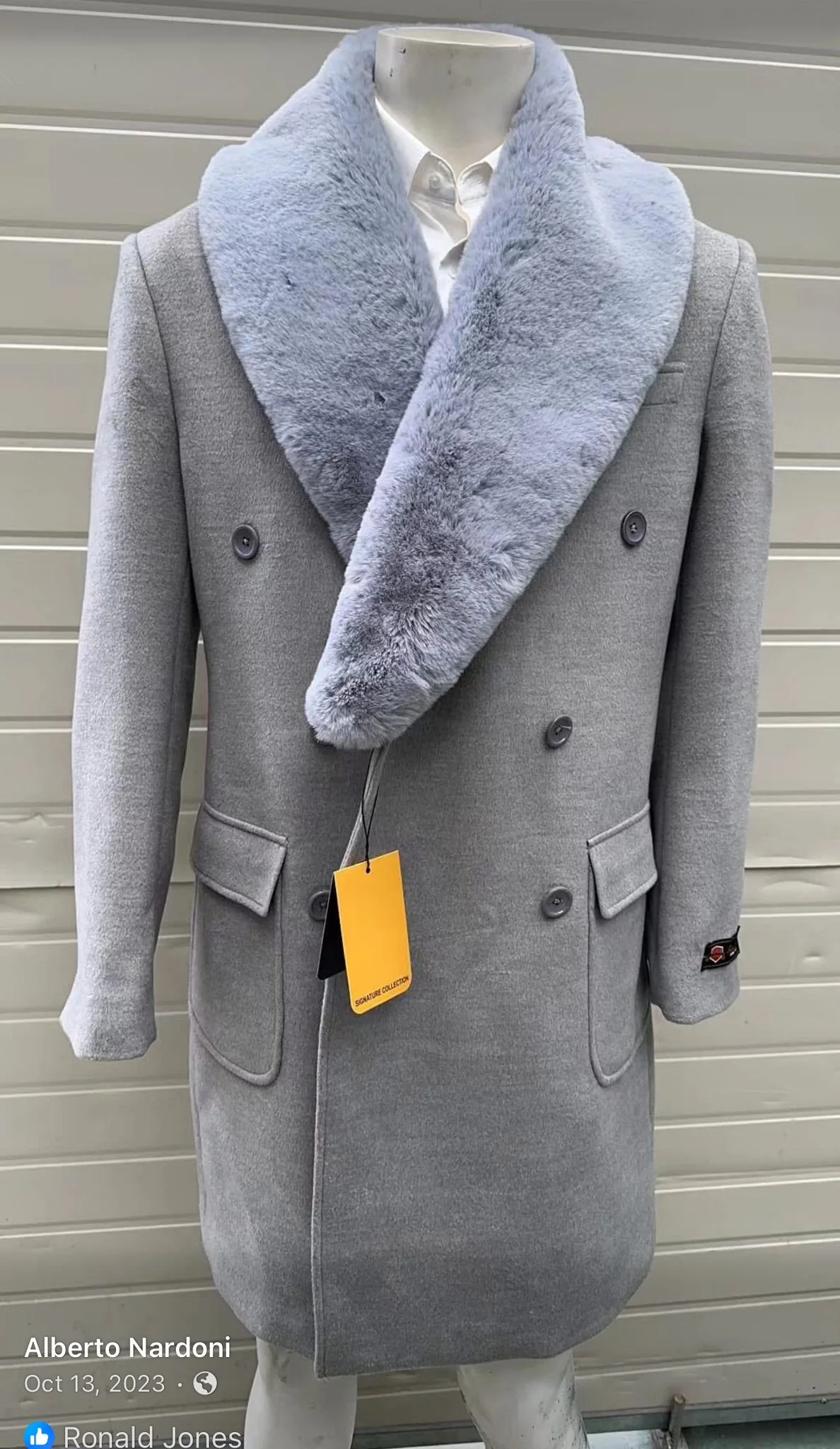 Men’s Light Grey Double Breasted Overcoat with Faux Fur Shawl Collar – Winter Luxury Coat Wool Fabric - Image 6