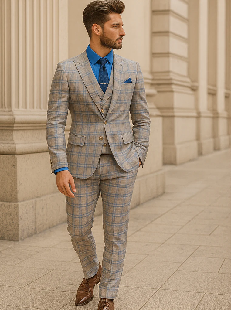 Men’s Light Plaid 3-Piece Suit with Vest – Stylish Formal Wear - Image 3